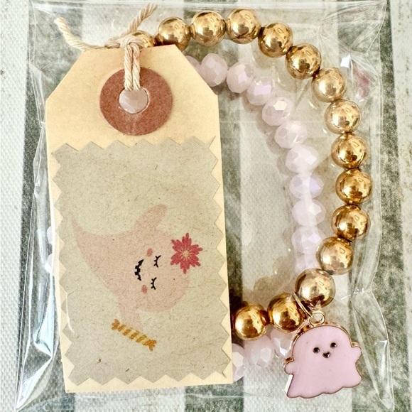 New Halloween Beaded Pink & Gold Tone Adult Size Bracelets w/ Ghost Charm - 8” - Picture 2 of 8